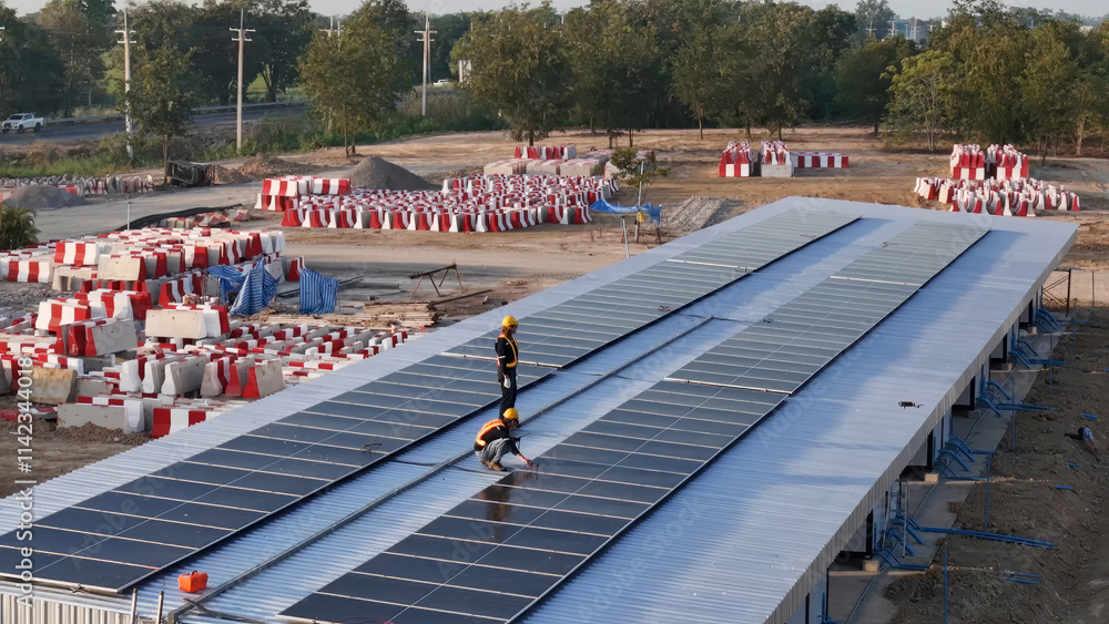 Naklejka premium Solar Panel Installation on a Commercial Roof in a Construction Zone in Daytime