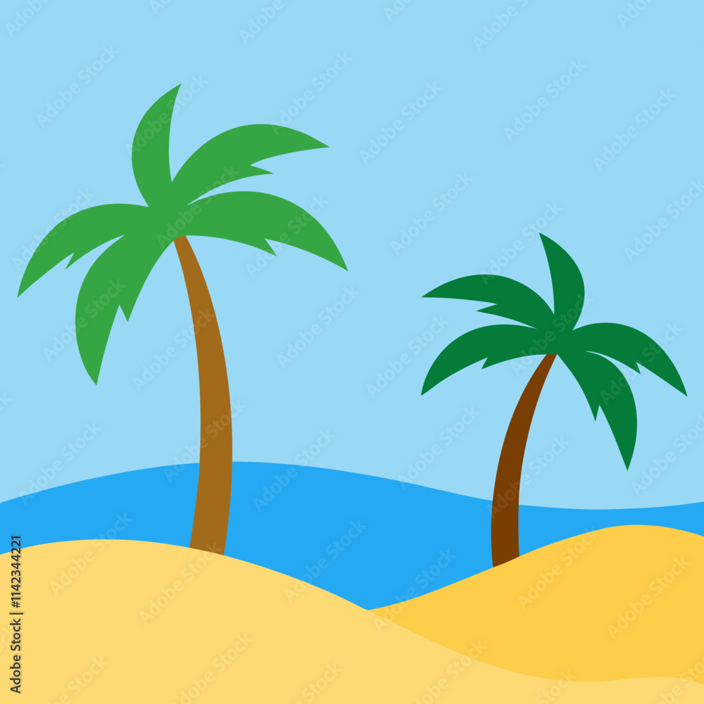 Minimalist Tropical Beach Illustration with Calm Waves and Golden Sand Minimalist Tropical Beach Illustration with Calm Waves and Golden Sand