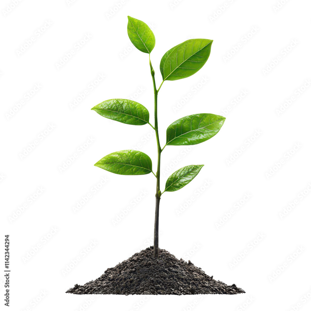 A green plant with multiple leaves emerging from dark soil. A green plant with multiple leaves emerging from dark soil.