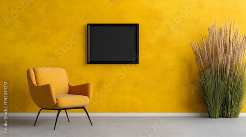 Cozy Yellow Living Room with Modern Chair, Blank Frame on Wall, and Potted Grass Decoration