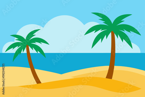 Minimalist Tropical Beach Illustration with Calm Waves and Golden Sand