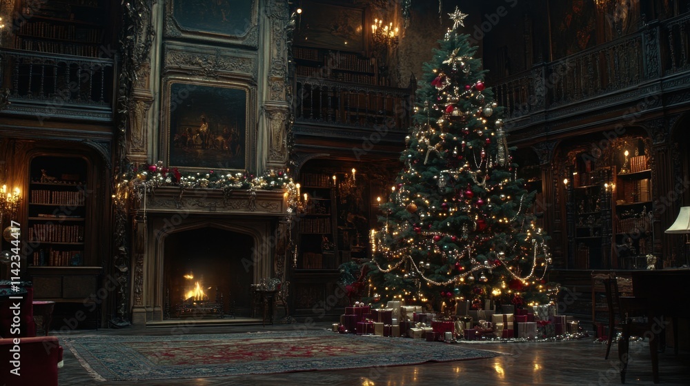 Cozy Christmas Scene with Tree and Fireplace in Elegant Library Cozy Christmas Scene with Tree and Fireplace in Elegant Library