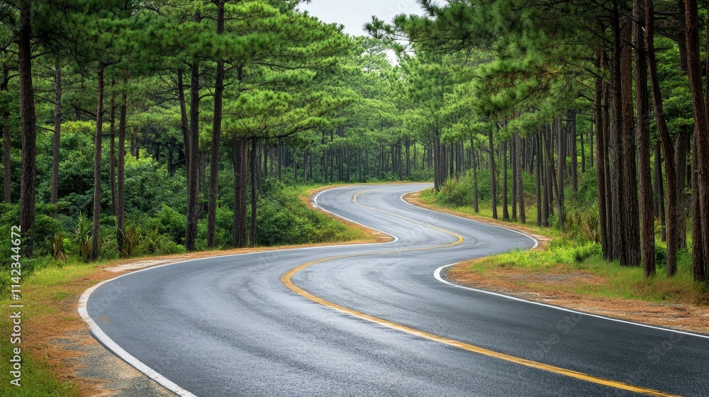 Winding Road Through Lush Green Forest in Scenic Landscape Winding Road Through Lush Green Forest in Scenic Landscape