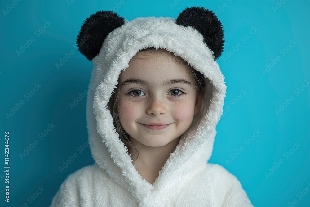 A smiling girl wears a fluffy panda hooded robe A smiling girl wears a fluffy panda hooded robe