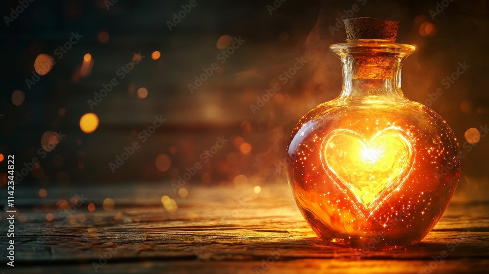 Glowing heart inside amber bottle on wood. Glowing heart inside amber bottle on wood.