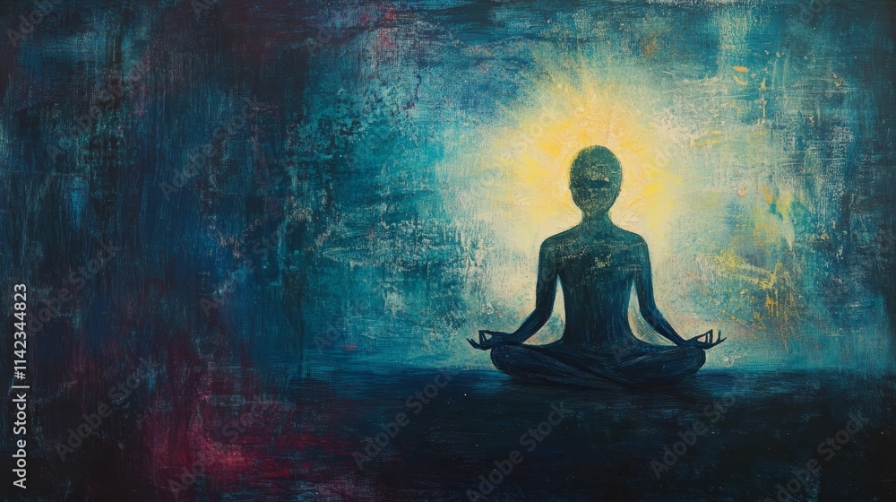 Meditative figure, glowing aura, textured background. Meditative figure, glowing aura, textured background.