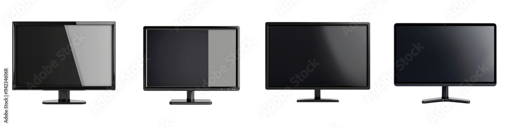 Four sleek and contemporary computer monitors in black and gray tones arranged against a clean white background showcasing a minimal and professional tech forward design Four sleek and contemporary computer monitors in black and gray tones arranged against a clean white background showcasing a minimal and professional tech forward design