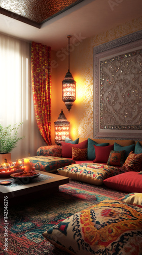 Moroccan living room with ornate lanterns, vibrant cushions, carpets, and a low table, setting a cozy ambiance for ramadan