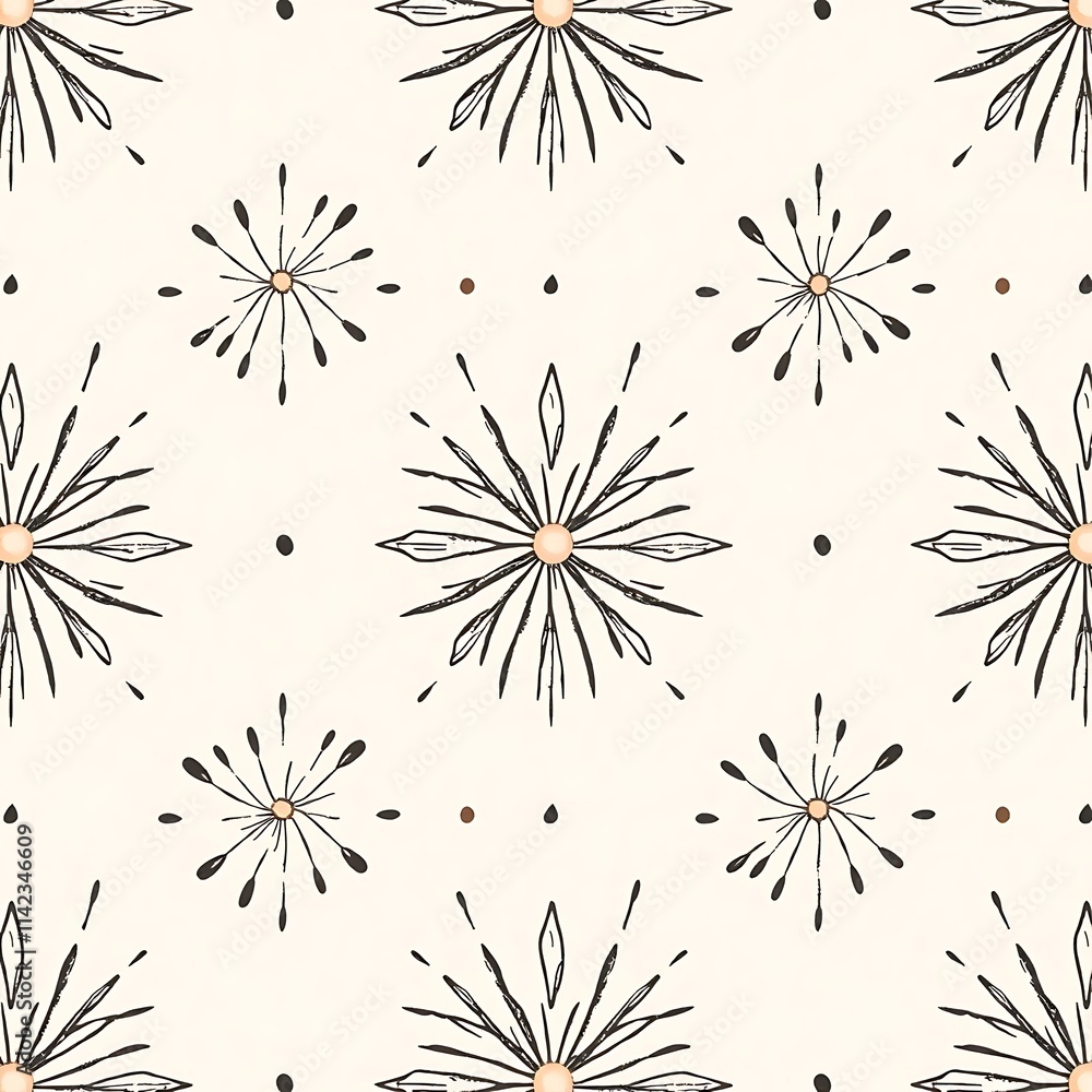 Obraz premium Abstract Sunburst Seamless Pattern: A delicate and minimalist pattern featuring hand-drawn sunburst motifs in black and white, perfect for adding a touch of elegance to your projects. 