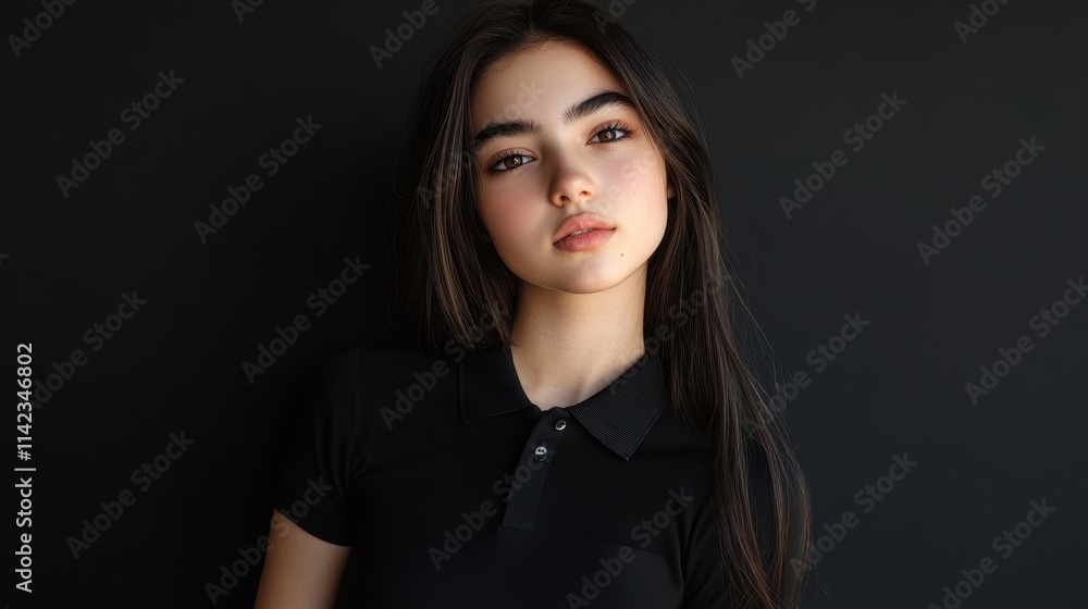Portrait of a young woman with long dark hair, wearing a black polo shirt against a black background. Ideal for fashion, beauty, or minimalist websites needing a sophisticated female image. Portrait of a young woman with long dark hair, wearing a black polo shirt against a black background. Ideal for fashion, beauty, or minimalist websites needing a sophisticated female image.