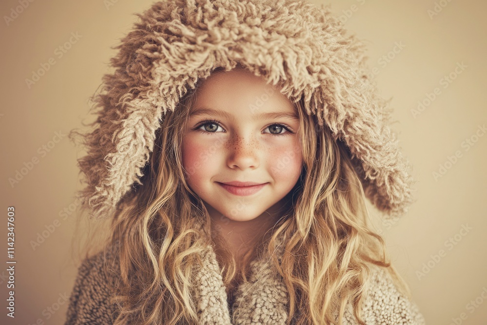 A Little Girl Smiles Wearing A Fluffy Beige Hood A Little Girl Smiles Wearing A Fluffy Beige Hood