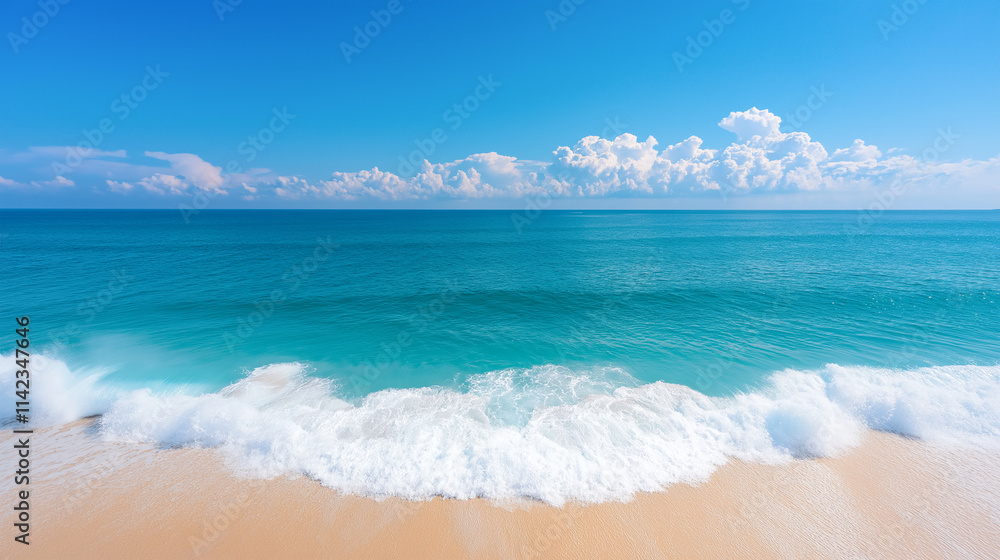 stunning view of ocean waves gently crashing on sandy beach under clear blue sky. vibrant turquoise water and fluffy clouds create serene atmosphere stunning view of ocean waves gently crashing on sandy beach under clear blue sky. vibrant turquoise water and fluffy clouds create serene atmosphere