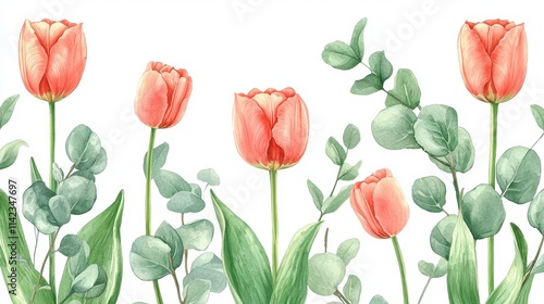 Wallpaper Mural Beautiful pastel tulips with eucalyptus leaves on a soft white background for decoration Torontodigital.ca