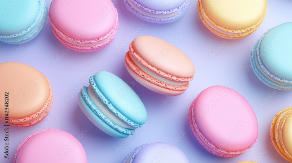 Easter Valentine's Pastel Macarons Flat Lay - Colorful French Pastry Arrangement, 3D Rendering, Top View, Bright Daylight Easter Valentine's Pastel Macarons Flat Lay - Colorful French Pastry Arrangement, 3D Rendering, Top View, Bright Daylight