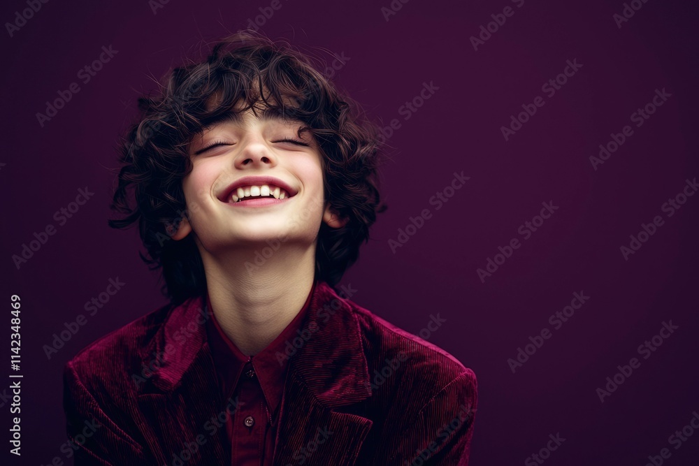 Boy with Curly Hair Smiles Wearing Red Jacket Boy with Curly Hair Smiles Wearing Red Jacket