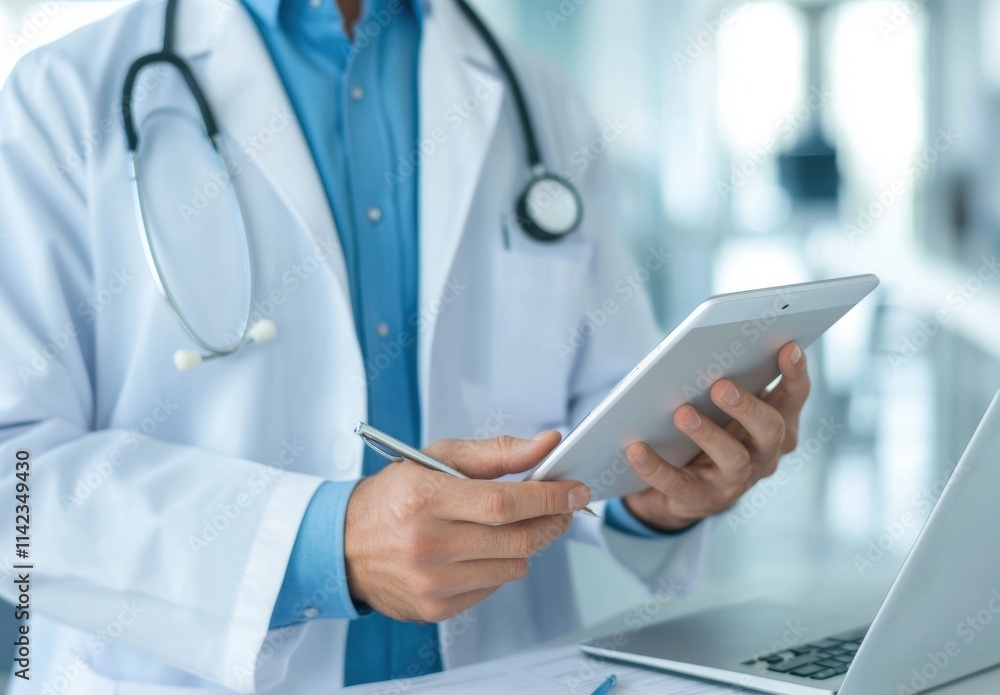 Doctor Using Tablet in Modern Medical Office with Laptop Nearby Doctor Using Tablet in Modern Medical Office with Laptop Nearby