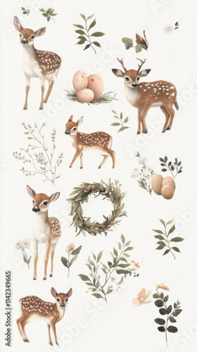 Charming deer illustrations with eggs and floral elements on a light background photo