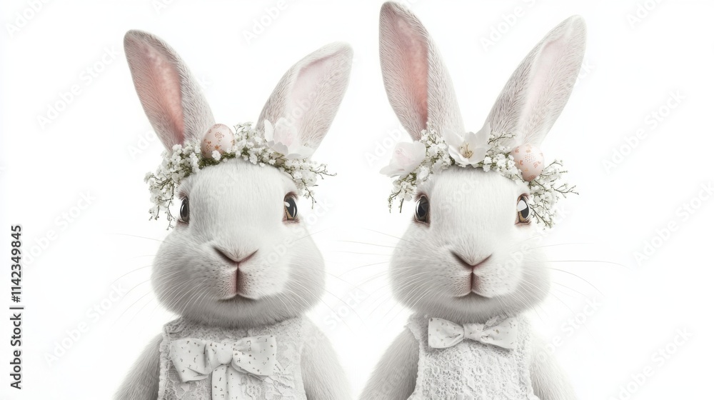 Obraz premium Adorable rabbits in floral crowns, dressed for a special occasion