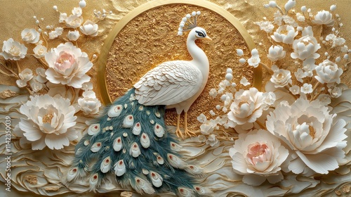 White peacock amidst elegant 3D paper flowers and gold circle.