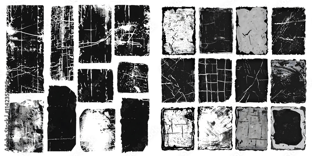 Overlay textures set stamp with grunge effect. Old damage Dirty grainy and scratches. Set of different distressed black grain texture. Distress overlay vector textures. Generative AI. Overlay textures set stamp with grunge effect. Old damage Dirty grainy and scratches. Set of different distressed black grain texture. Distress overlay vector textures. Generative AI.