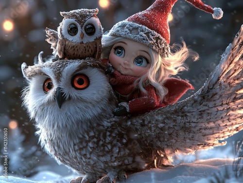 A cute gnome riding an owl in the air photo