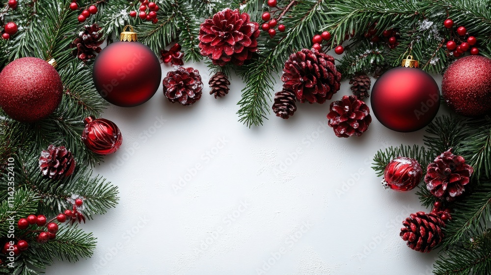 Festive Christmas Decorations with Red Ornaments, Pine Cones, and Greenery Creating a Joyful Holiday Frame on a Soft White Background Festive Christmas Decorations with Red Ornaments, Pine Cones, and Greenery Creating a Joyful Holiday Frame on a Soft White Background