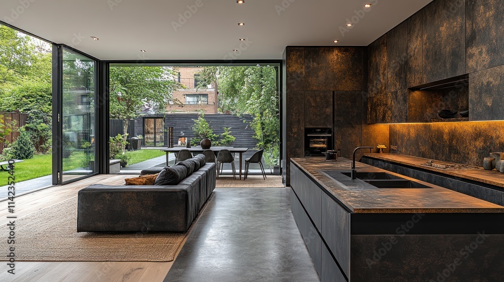 Modern kitchen with open layout and garden view. Modern kitchen with open layout and garden view.