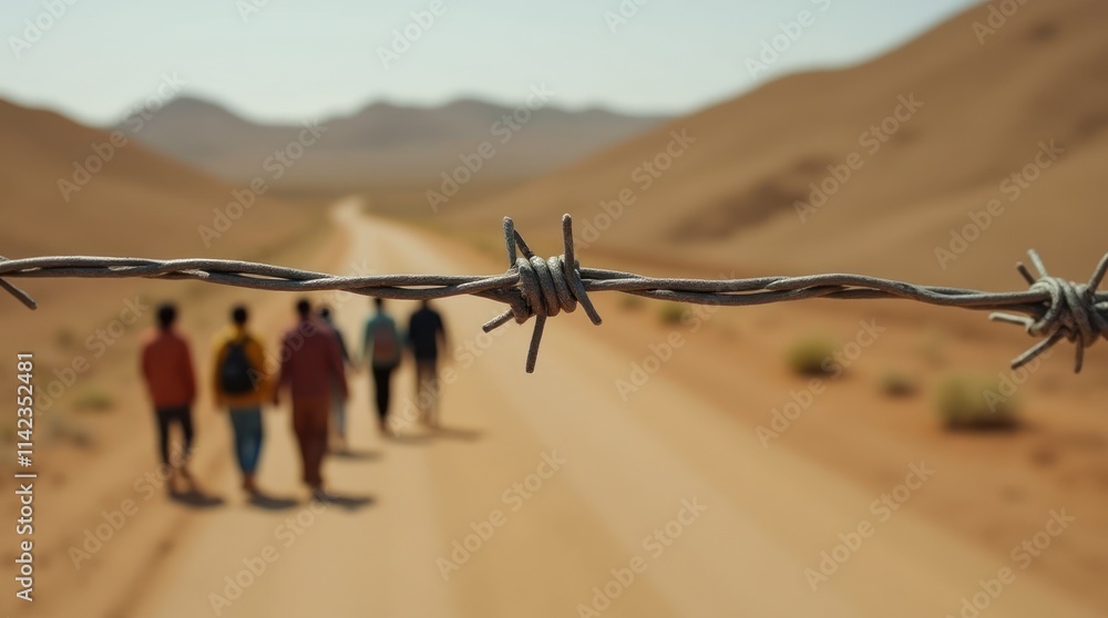 Barbed Wire Contrasts With Migrants Walking Along a Dusty Path in a Desert Barbed Wire Contrasts With Migrants Walking Along a Dusty Path in a Desert