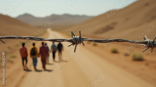 Barbed Wire Contrasts With Migrants Walking Along a Dusty Path in a Desert