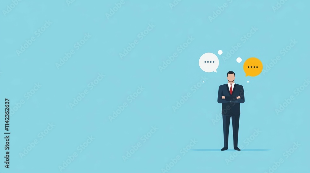 A businessman stands with crossed arms, contemplating, surrounded by speech bubbles. A businessman stands with crossed arms, contemplating, surrounded by speech bubbles.