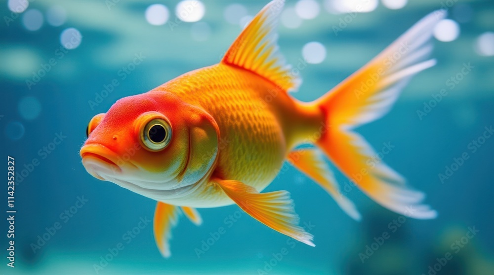 Fototapeta premium Vibrant Goldfish Swimming Underwater Amidst Bubbles and Soft Light
