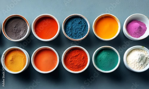 Creative color palette of pigments arranged in small bowls for artistic projects photo