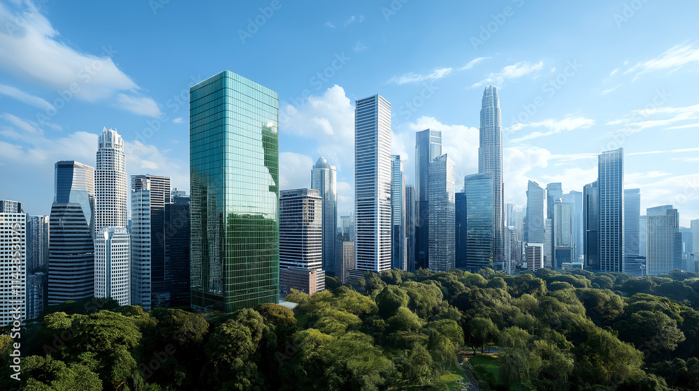 stunning city skyline featuring modern skyscrapers and lush greenery. eco friendly building stands out amidst urban landscape, showcasing blend of nature and architecture stunning city skyline featuring modern skyscrapers and lush greenery. eco friendly building stands out amidst urban landscape, showcasing blend of nature and architecture