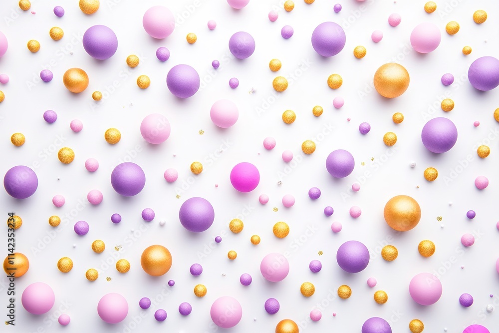 Colorful purple, pink, and gold balloons on white, festive background Colorful purple, pink, and gold balloons on white, festive background