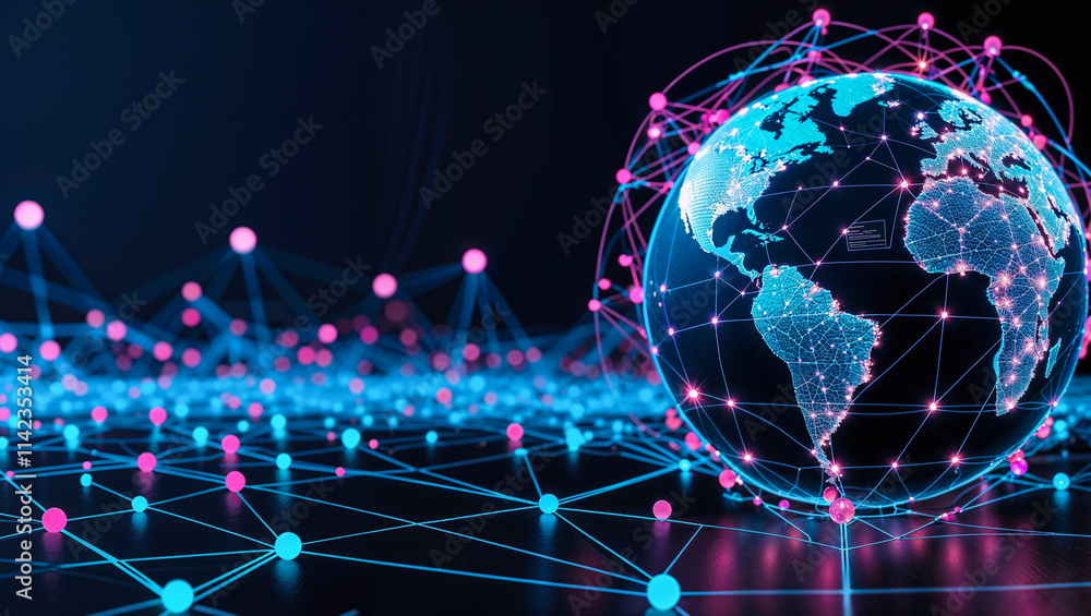 Fototapeta premium Futuristic Earth: Neon Globe with Global Connectivity and Network Design