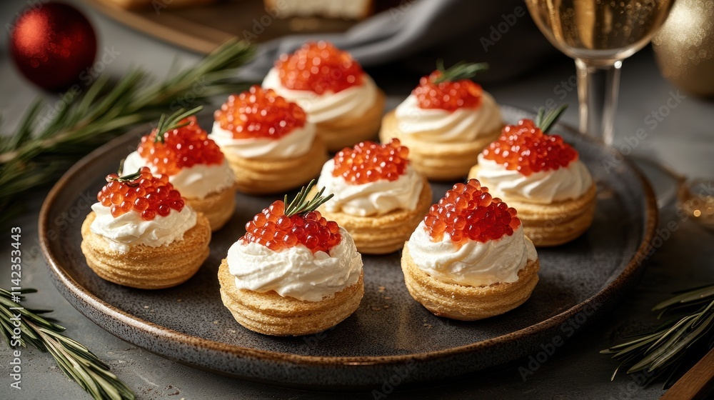 Festive appetizer platter of small, savory pastries topped with creamy filling and red caviar, garnished with rosemary sprigs. Festive appetizer platter of small, savory pastries topped with creamy filling and red caviar, garnished with rosemary sprigs.