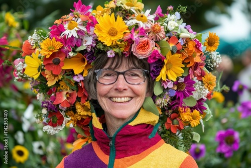 Woman Wearing A Vibrant Flower Crown Of Many Colors photo