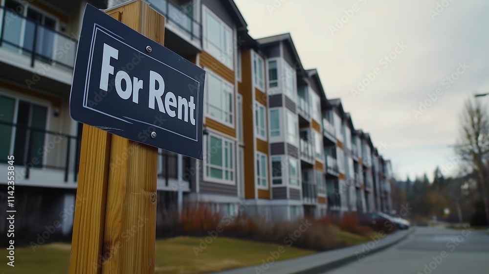 Fototapeta premium For rent sign displayed on a residential building, symbolizing opportunities for new beginnings and the dynamic nature of urban living.