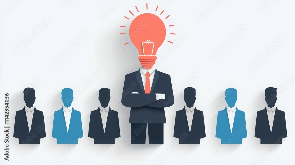 A businessman with a light bulb head symbolizes innovative leadership among a group. A businessman with a light bulb head symbolizes innovative leadership among a group.
