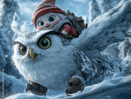 A cute gnome riding an owl in the air photo