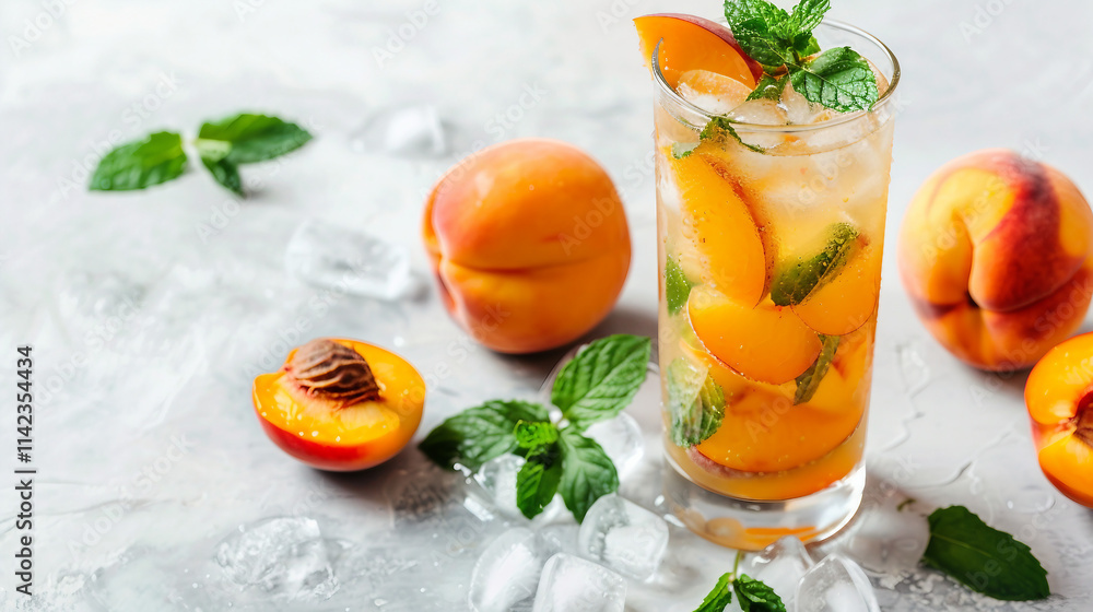 Refreshing vegan homemade peach iced tea with mint leaves served in a tall glass on a light background, perfect for summer. Enjoy the chilled fruity drink with fresh fruits and shadows. Refreshing vegan homemade peach iced tea with mint leaves served in a tall glass on a light background, perfect for summer. Enjoy the chilled fruity drink with fresh fruits and shadows.