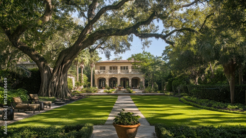 Obraz premium A majestic 200-year-old Ficus Macrophylla Columnaris with sprawling aerial prop roots creating natural archways over the lush green garden