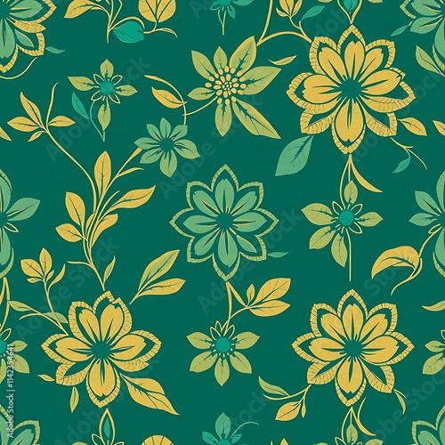 Floral Emerald: A vibrant seamless pattern of blooming yellow flowers, intertwined with emerald green leaves on a rich teal background.