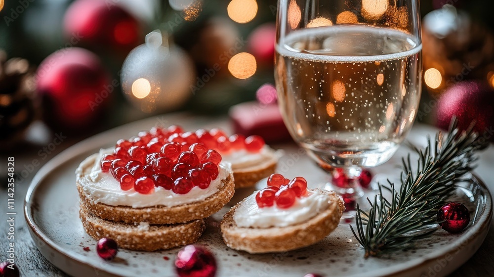 Festive Christmas appetizer with red caviar, cream cheese, and champagne. Festive Christmas appetizer with red caviar, cream cheese, and champagne.