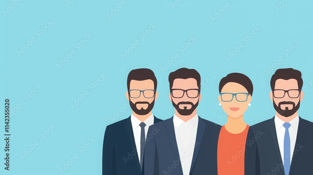 A group of four professionals, three men and one woman, standing together against a light background. A group of four professionals, three men and one woman, standing together against a light background.