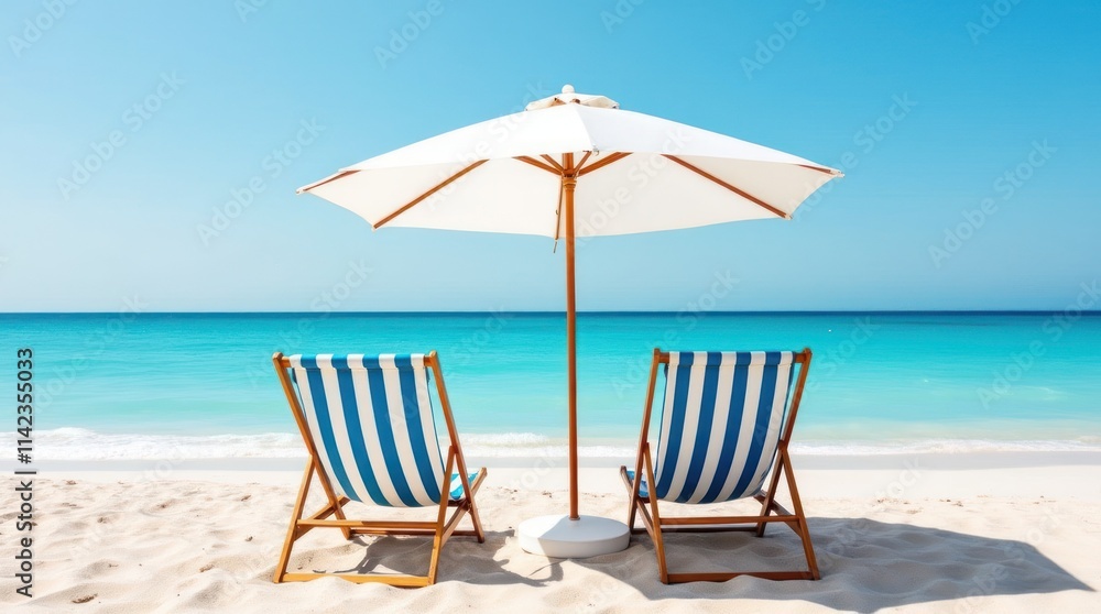 Relaxing Beach Retreat With Striped Chairs Under a White Umbrella Relaxing Beach Retreat With Striped Chairs Under a White Umbrella