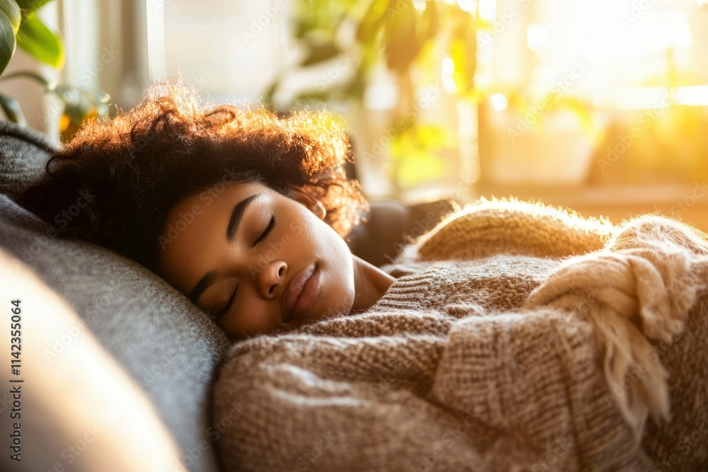 Young Woman Napping Peacefully On Cozy Sofa Young Woman Napping Peacefully On Cozy Sofa