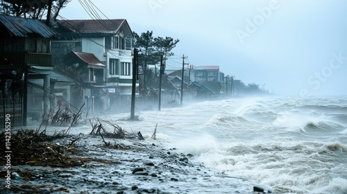 Coastal area battered by strong winds and rain as the outer bands of a typhoon approach, with choppy waters and debris flying.