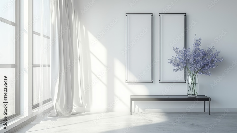 Bright modern room with glass frames and blue flower vase centerpiece Bright modern room with glass frames and blue flower vase centerpiece