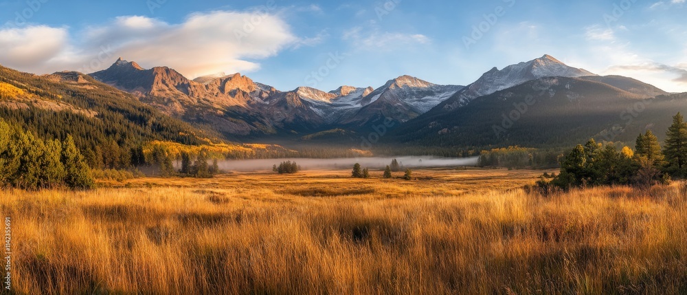 mountain range with golden grasses and morning fog mountain range with golden grasses and morning fog